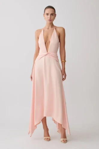 Cyra Plunge Satin Midi Dress – Peach