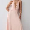 Cyra Plunge Satin Midi Dress – Peach Cyra Plunge Satin Midi Dress – Peach
