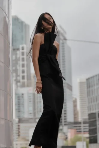 Cyrill Strapless Satin Structured Maxi Dress – Black