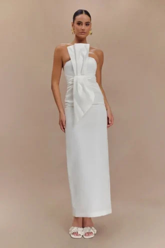 Cyrill Strapless Satin Structured Maxi Dress – White