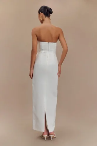 Cyrill Strapless Satin Structured Maxi Dress – White