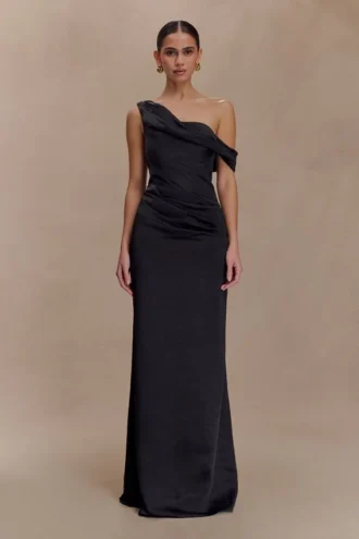 Dalia Off Shoulder Satin Maxi Dress – Black