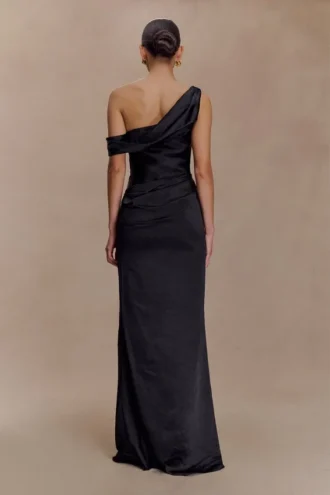 Dalia Off Shoulder Satin Maxi Dress – Black