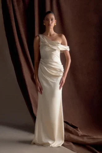 Dalia Off Shoulder Satin Maxi Dress – Blush Gold