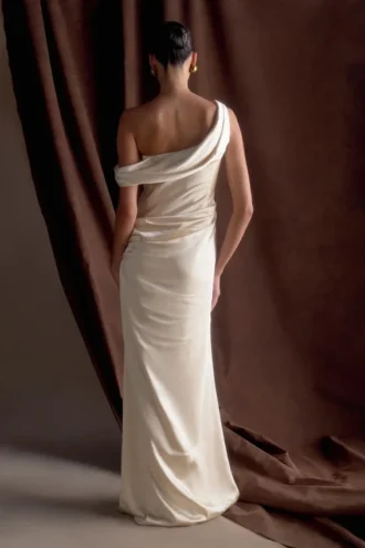 Dalia Off Shoulder Satin Maxi Dress – Blush Gold