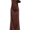 Dalia Off Shoulder Satin Maxi Dress – Dark Chocolate Dalia Off Shoulder Satin Maxi Dress – Dark Chocolate