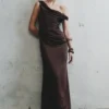 Dalia Off Shoulder Satin Maxi Dress – Dark Chocolate Dalia Off Shoulder Satin Maxi Dress – Dark Chocolate