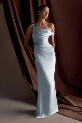 Dalia Off Shoulder Satin Maxi Dress – Frosted Blue