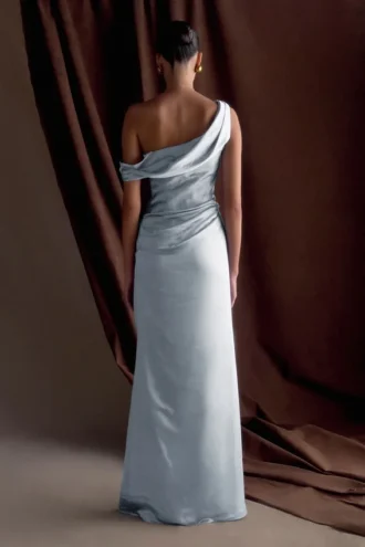 Dalia Off Shoulder Satin Maxi Dress – Frosted Blue