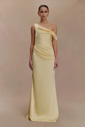 Dalia Off Shoulder Satin Maxi Dress – Lemon