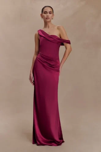 Dalia Off Shoulder Satin Maxi Dress – Mahogany