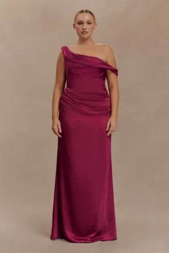 Dalia Off Shoulder Satin Maxi Dress – Mahogany