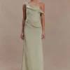 Dalia Off Shoulder Satin Maxi Dress – Sage