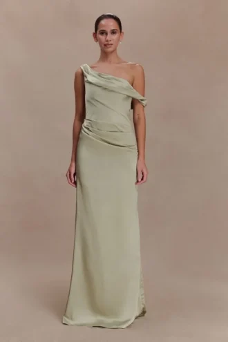 Dalia Off Shoulder Satin Maxi Dress – Sage