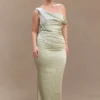 Dalia Off Shoulder Satin Maxi Dress – Sage