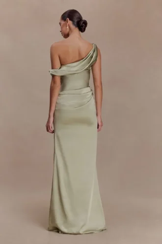 Dalia Off Shoulder Satin Maxi Dress – Sage