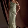 Dalia Off Shoulder Satin Maxi Dress – Sage