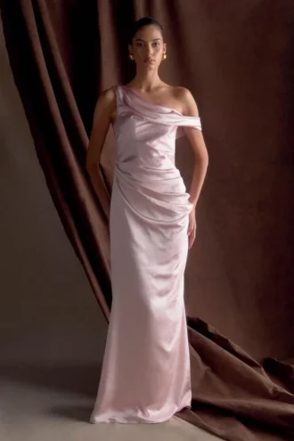 Dalia Off Shoulder Satin Maxi Dress – Soft Pink