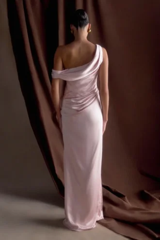 Dalia Off Shoulder Satin Maxi Dress – Soft Pink