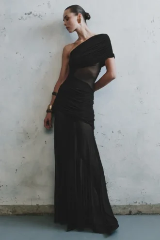 Dallas One Shoulder Mesh Maxi Dress – Black