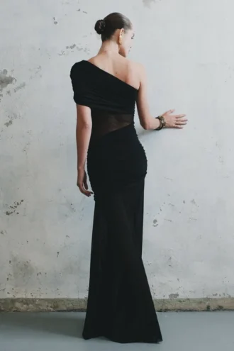 Dallas One Shoulder Mesh Maxi Dress – Black