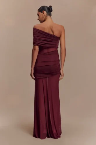 Dallas One Shoulder Mesh Maxi Dress – Burgundy
