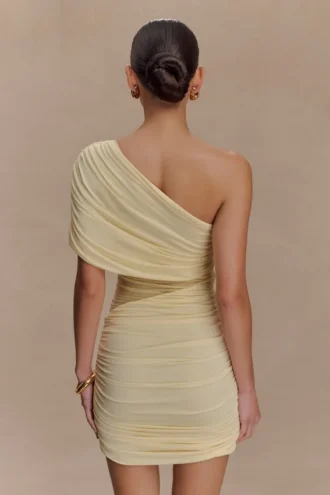 Dallas One Shoulder Mesh Mini Dress – Lemon