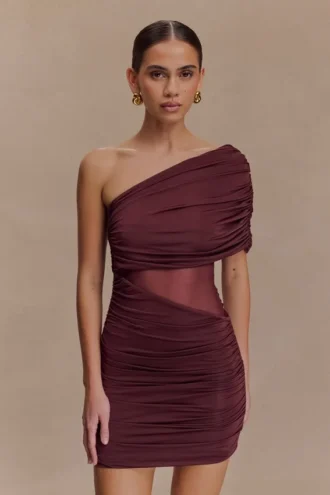 Dallas One Shoulder Mesh Mini Dress – Mahogany