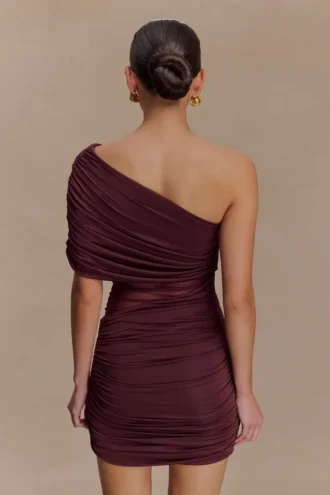 Dallas One Shoulder Mesh Mini Dress – Mahogany