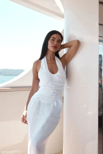 Daniela Ruched Halter Midi Dress – White