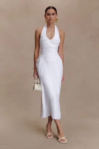 Daniela Ruched Halter Midi Dress – White