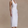 Daniela Ruched Halter Midi Dress – White Daniela Ruched Halter Midi Dress – White