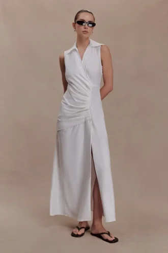 Dante Ruched Linen Midi Dress – White