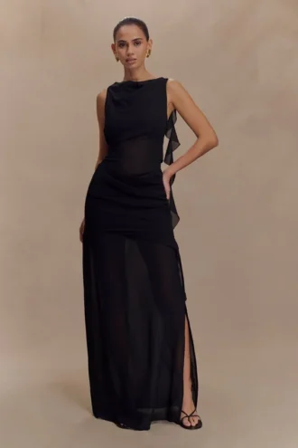 Daria Draped Chiffon Maxi Dress – Black
