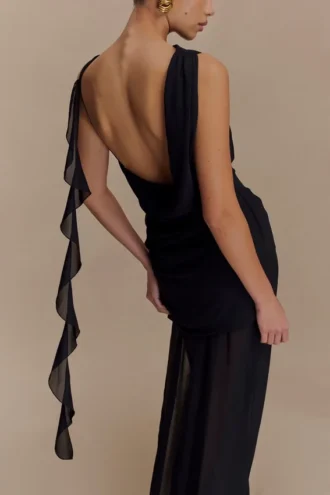 Daria Draped Chiffon Maxi Dress – Black