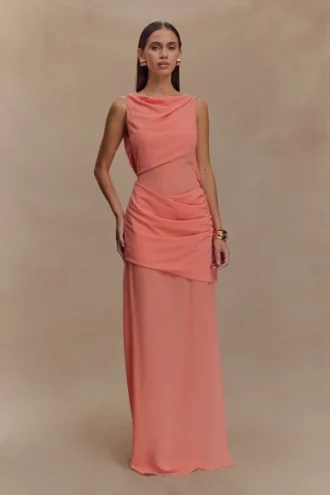 Daria Draped Chiffon Maxi Dress – Pastel Nectarine