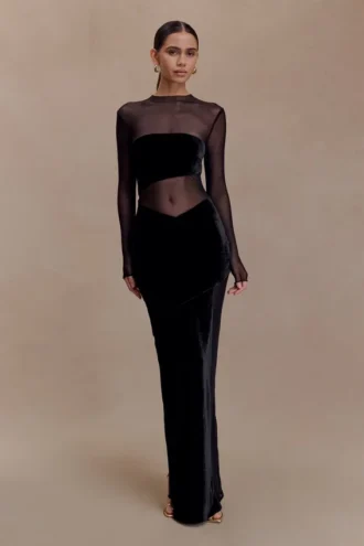 Davina Velvet And Mesh Maxi Dress – Black