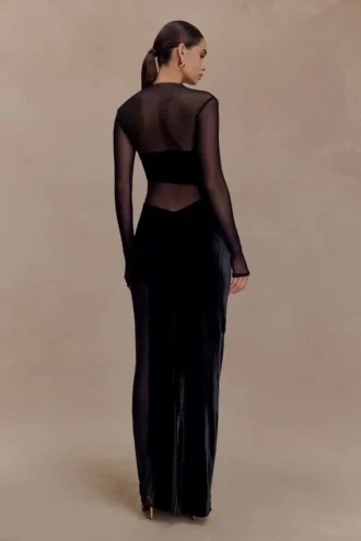 Davina Velvet And Mesh Maxi Dress – Black