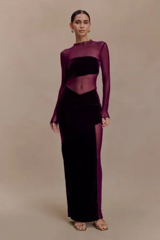 Davina Velvet And Mesh Maxi Dress – Purple