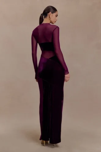 Davina Velvet And Mesh Maxi Dress – Purple