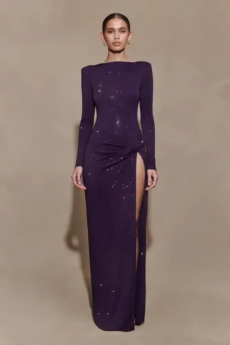 Deanna Long Sleeve Diamante Maxi Dress – Purple