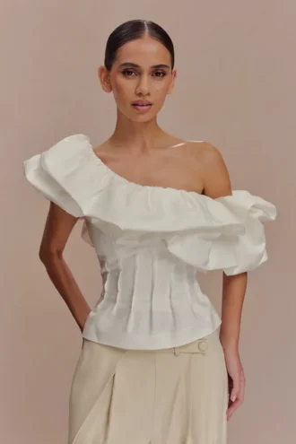 Debbie One Shoulder Bubble Top – White