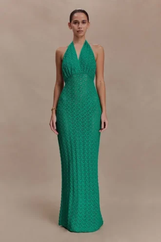 Deeliah Halterneck Crochet Maxi Dress – Emerald