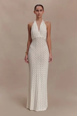 Deeliah Halterneck Crochet Maxi Dress – Ivory