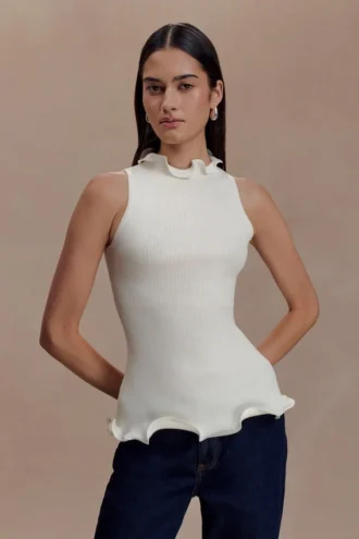 Diya Ribbed Sleeveless Top With Wire Hem – Ivory