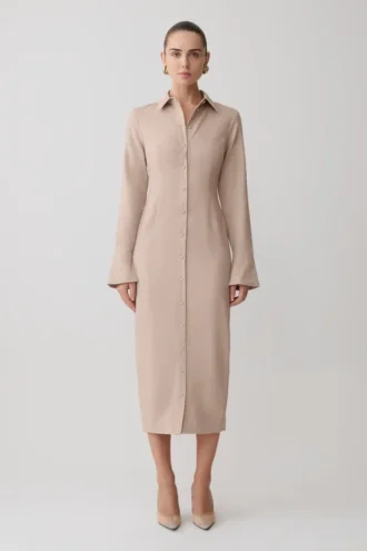 Dorian Fitted Shirt Midi Dress – Wheat Marle