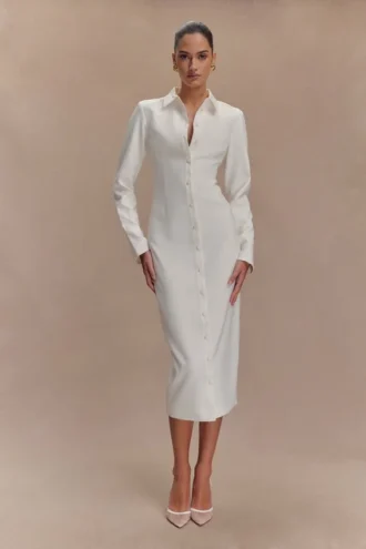 Dorian Fitted Shirt Midi Dress – White