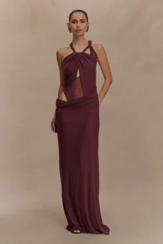 Edwina Knotted Mesh Maxi Dress – Mahogany