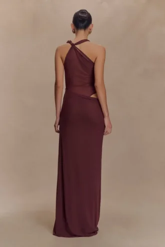 Edwina Knotted Mesh Maxi Dress – Mahogany