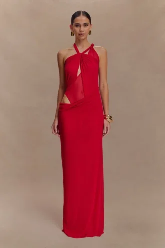 Edwina Knotted Mesh Maxi Dress – Red